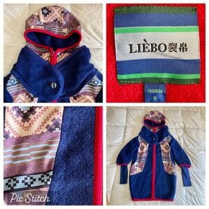 LIEBO 裂帛 Wool Blend Hooded Zip Jacket Women S Wrap Collar Navy Aztec Red EUC